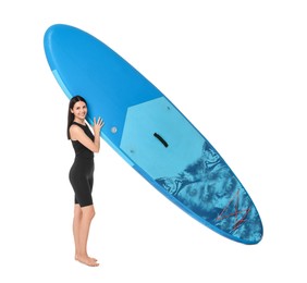 Happy woman with blue SUP board on white background