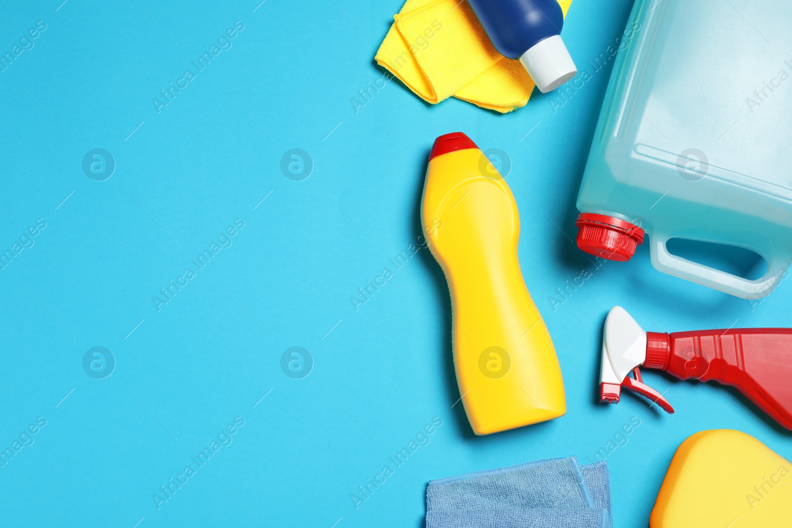 Photo of Different car products on light blue background, flat lay. Space for text