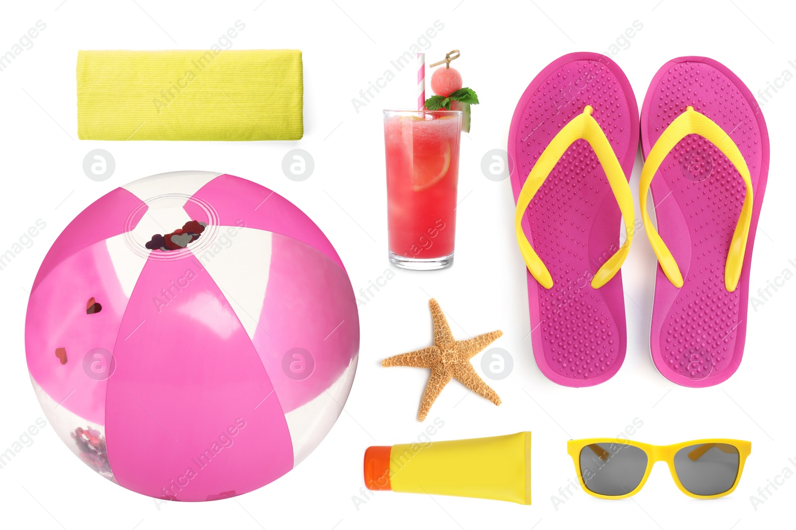 Image of Set with beach ball and other accessories on white background