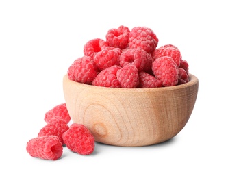 Photo of Bowl of delicious fresh ripe raspberries on white background