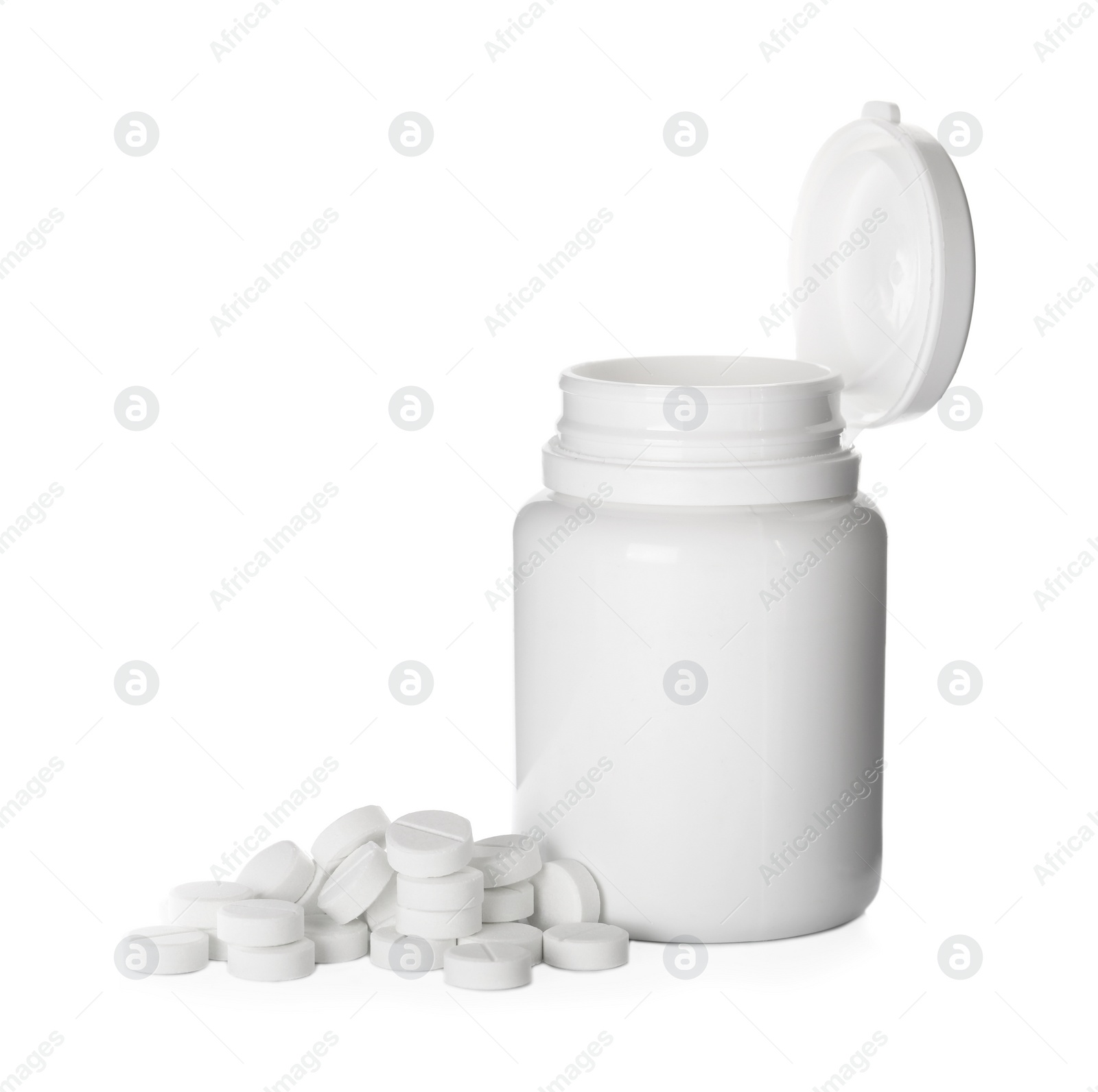 Photo of Plastic bottle with pills on white background