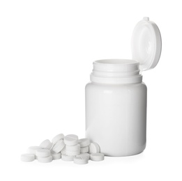Plastic bottle with pills on white background