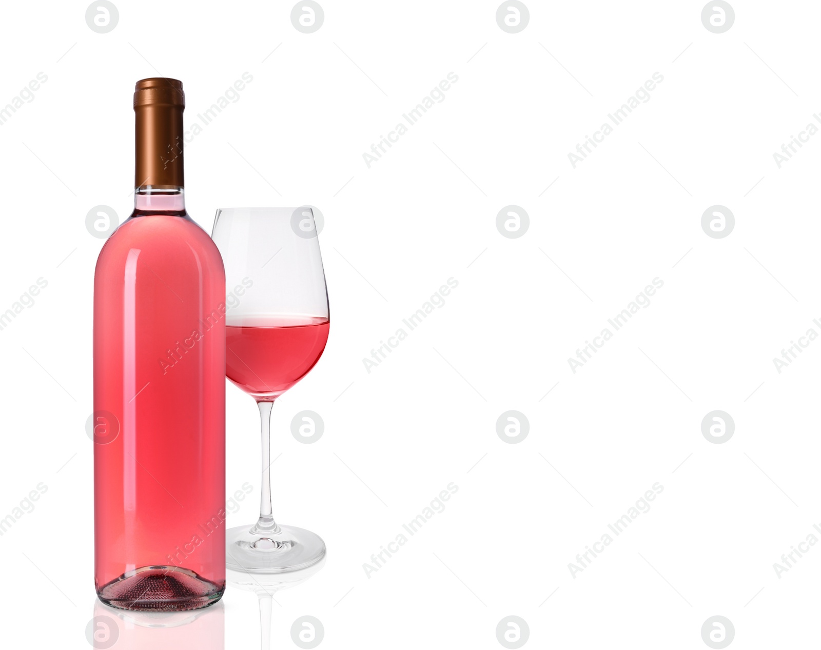 Image of Bottle and glass of delicious rose wine on white background