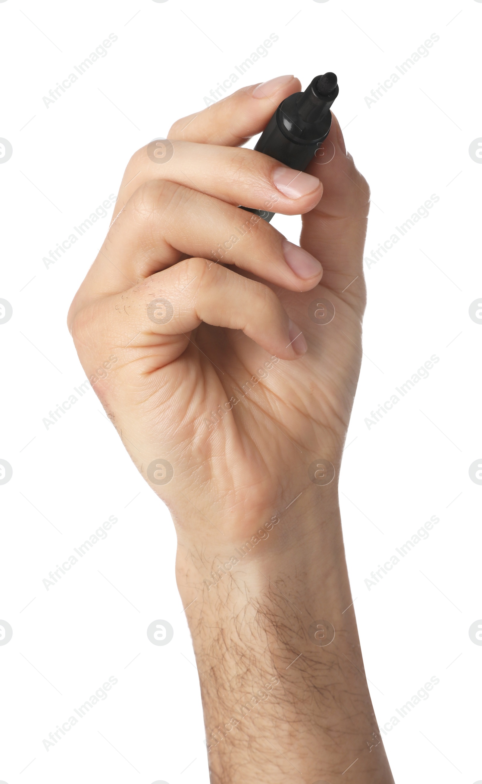 Photo of Man holding black marker on white background, closeup