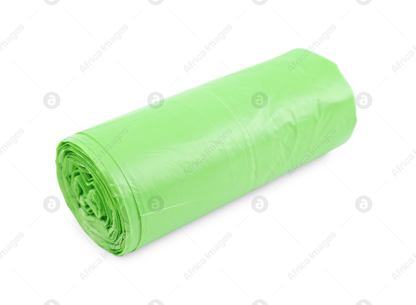 Photo of Roll of light green garbage bags isolated on white