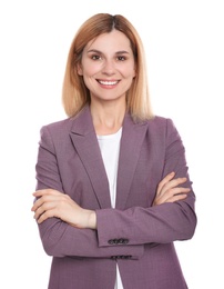 Photo of Portrait of woman with beautiful face on white background