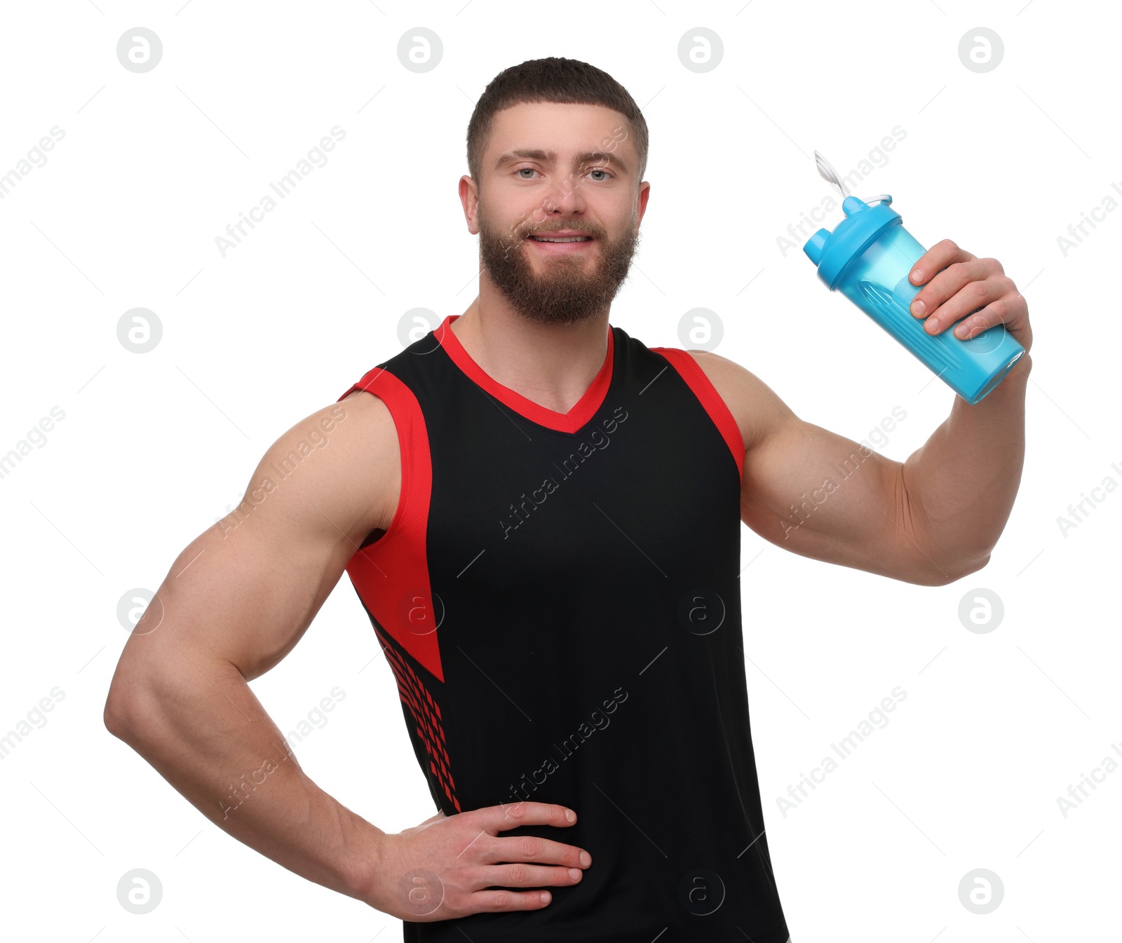 Photo of Young man with muscular body holding shaker of protein on white background