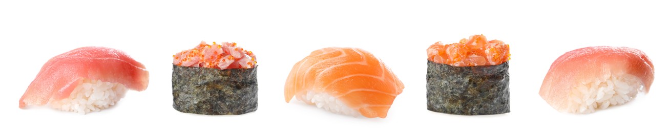 Image of Set with different types of sushi on white background