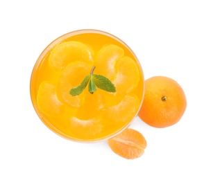 Photo of Delicious tangerine jelly with mint on white background, top view