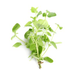 Photo of Bunch of aromatic fresh basil leaves on white background, top view