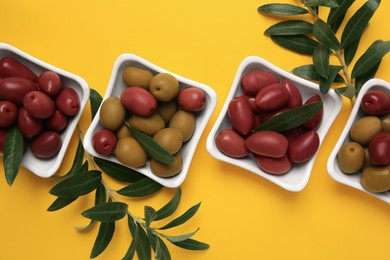 Different fresh olives and green leaves on yellow background, flat lay