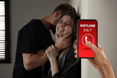 Image of Woman calling domestic violence hotline to prevent aggression upon girl