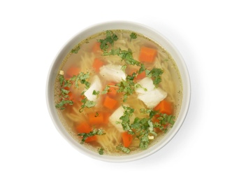 Photo of Bowl with fresh homemade chicken soup on white background, top view