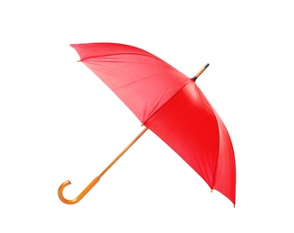 Photo of Modern opened red umbrella isolated on white