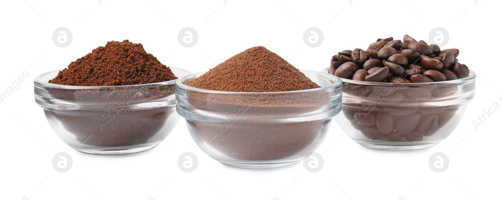 Photo of Bowls with different types of coffee on white background