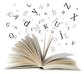 Image of Open book with letters flying out of it on white background