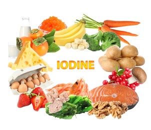 Image of Different products rich in Iodine on white background