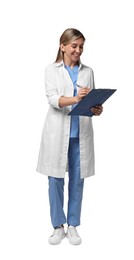 Portrait of happy doctor with clipboard on white background