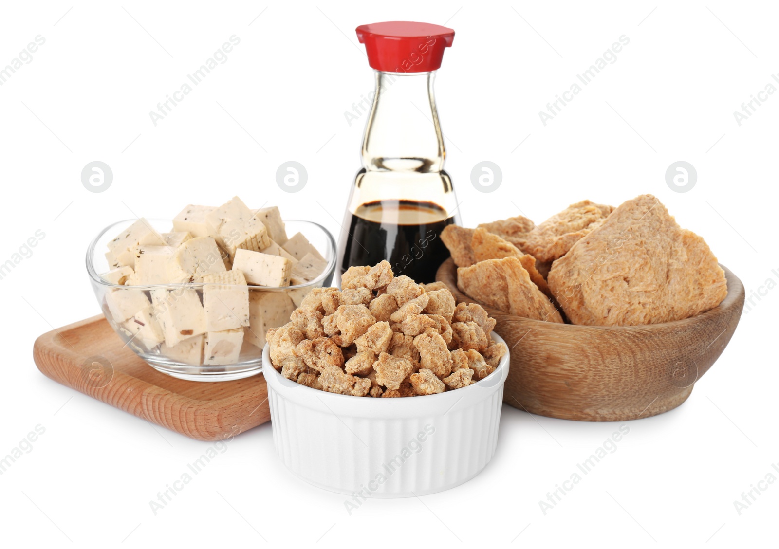 Photo of Different natural soy products on white background