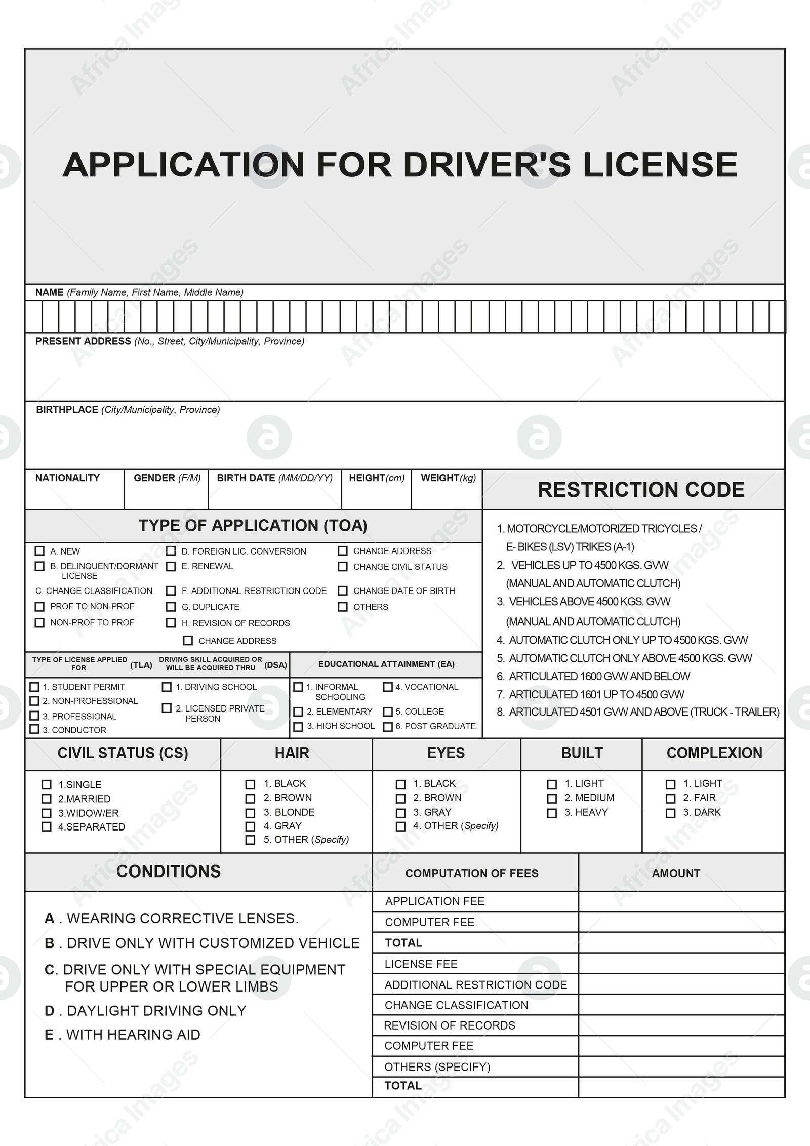 Illustration of Driver's license application form with empty fields