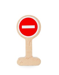 Photo of Wooden road sign isolated on white. Children's toy