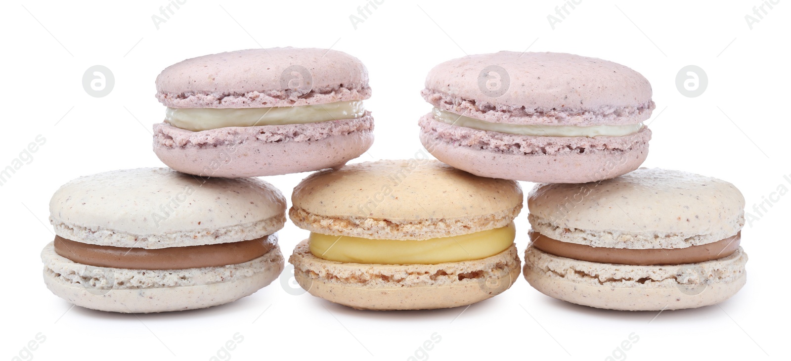 Photo of Different delicious colorful macarons on white background