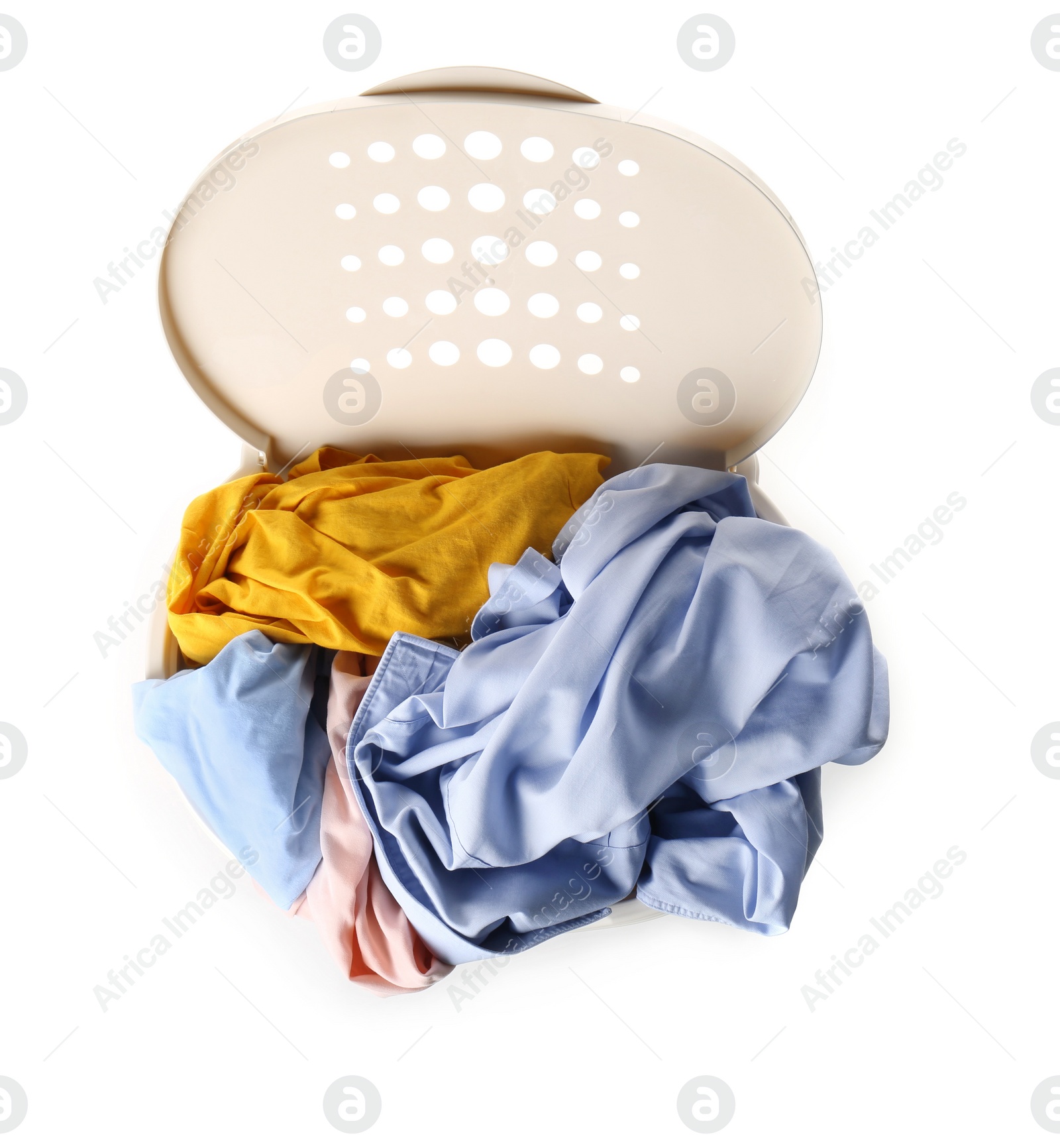 Photo of Plastic laundry basket full of clothes isolated on white, top view