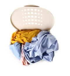 Plastic laundry basket full of clothes isolated on white, top view