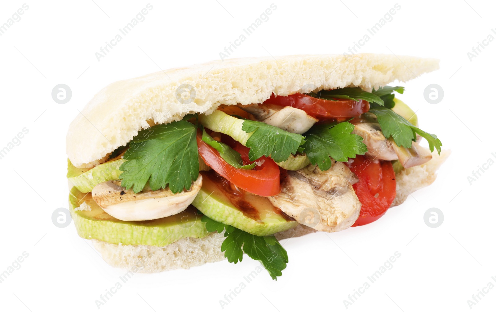 Photo of Delicious pita sandwich with grilled vegetables and parsley isolated on white