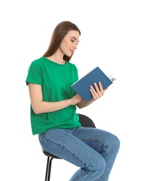 Young woman reading book on white background