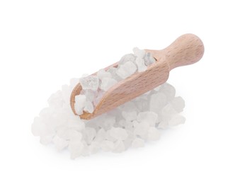 Photo of Natural sea salt and wooden scoop isolated on white