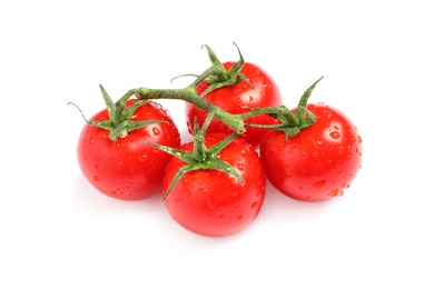 Photo of Branch of fresh cherry tomatoes isolated on white