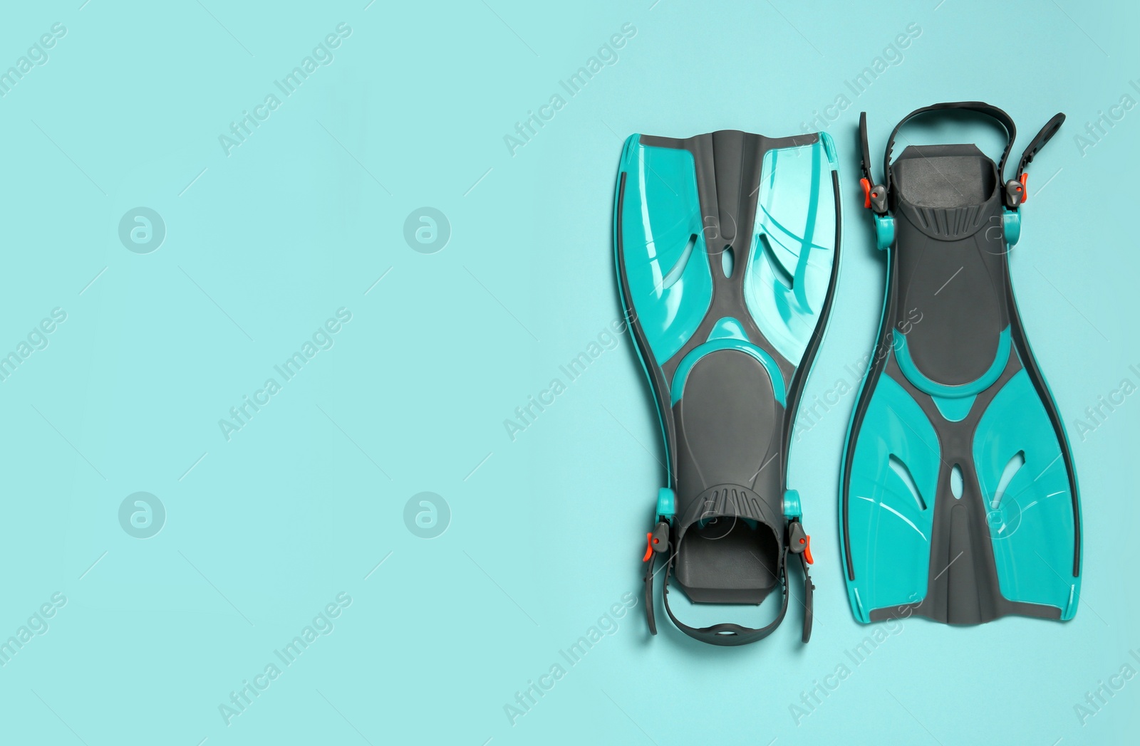 Photo of Pair of flippers on color background, flat lay