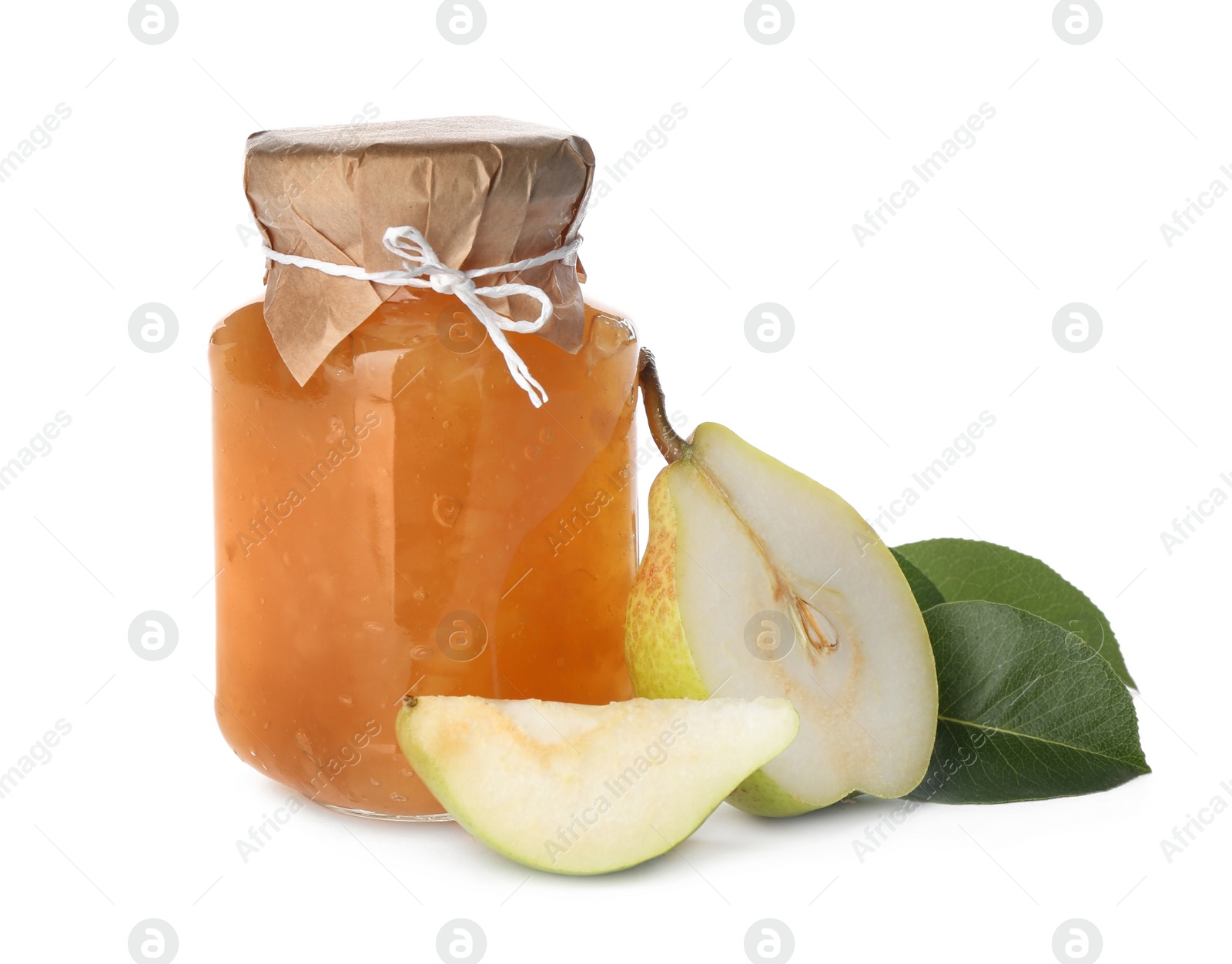 Photo of Delicious pear jam and fresh fruits on white background