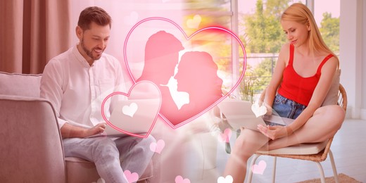 Image of Man and woman chatting on dating site indoors, banner design. Hearts and silhouette of couple between them