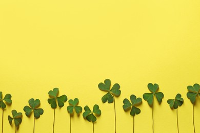 Photo of Green clover on yellow background, flat lay. Space for text