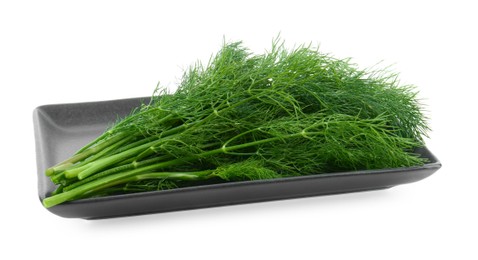 Photo of Plate with fresh dill isolated on white