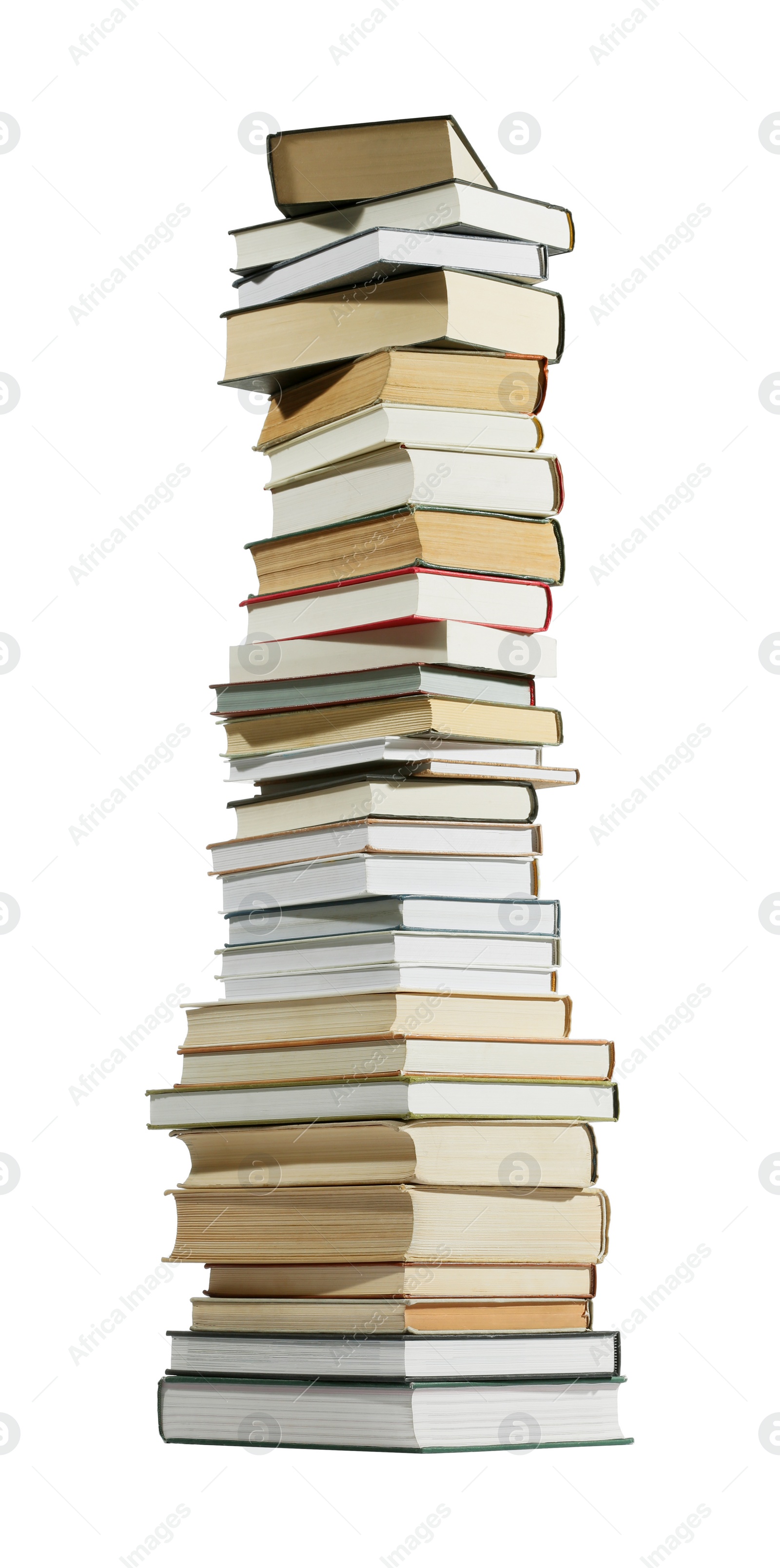 Photo of High stack of many different books isolated on white