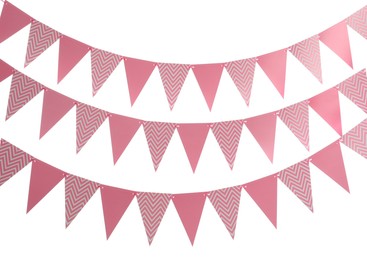 Photo of Buntings with triangular paper flags on white background. Festive decor