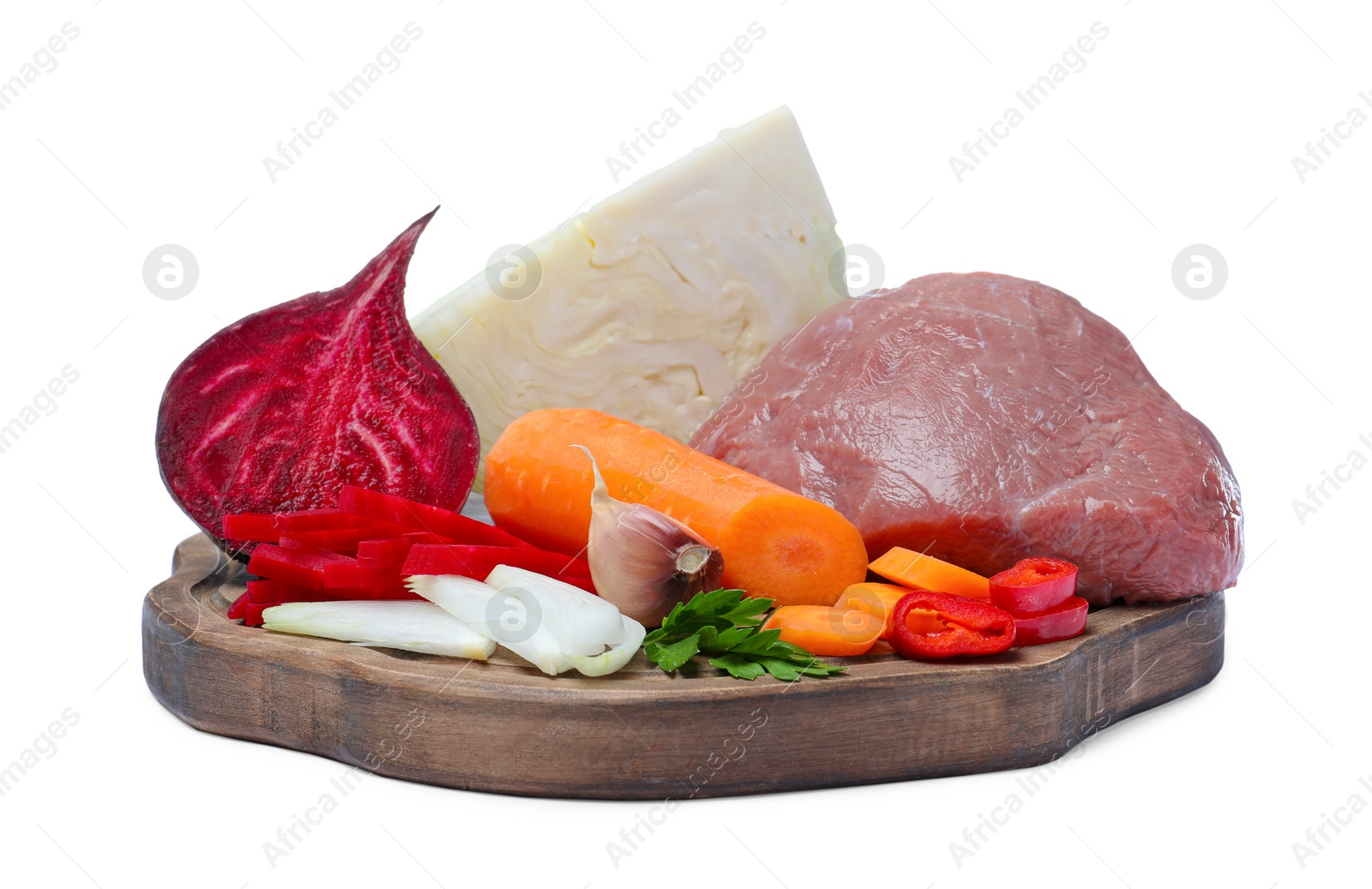 Photo of Ingredients for traditional borscht on white background