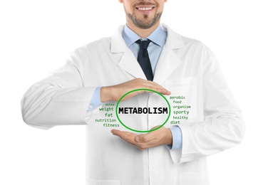 Metabolism concept. Doctor presenting scheme on white background, closeup