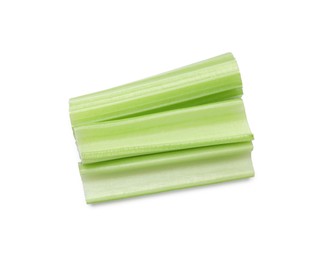 Fresh green cut celery isolated on white, top view