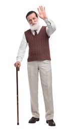 Photo of Senior man with walking cane waving on white background