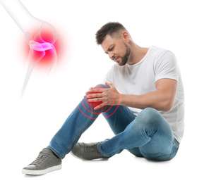 Image of Man suffering from knee pain on white background 