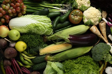 Different fresh ripe vegetables and fruits on table, flat lay. Farmer produce