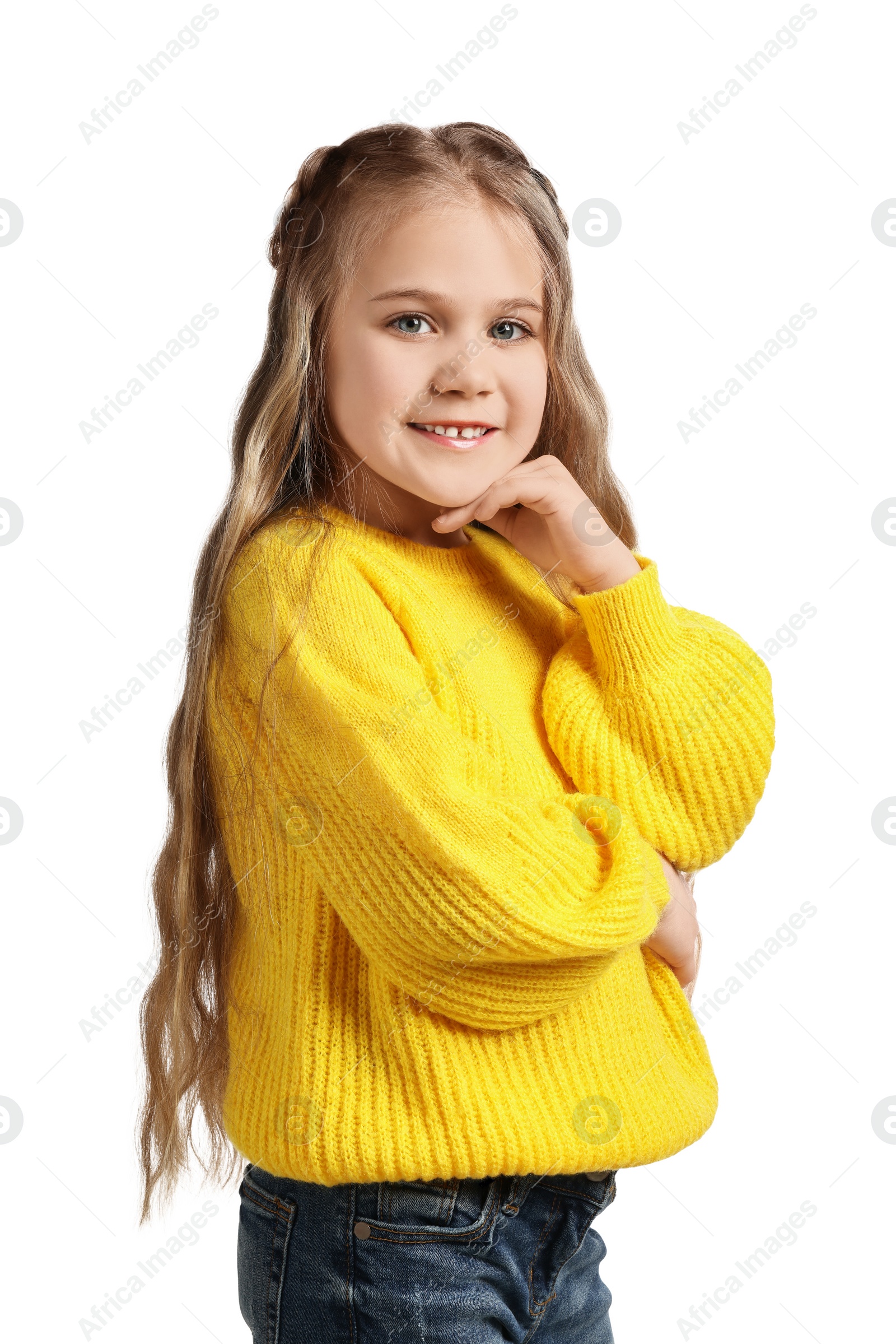 Photo of Cute little girl with braided hair on white background