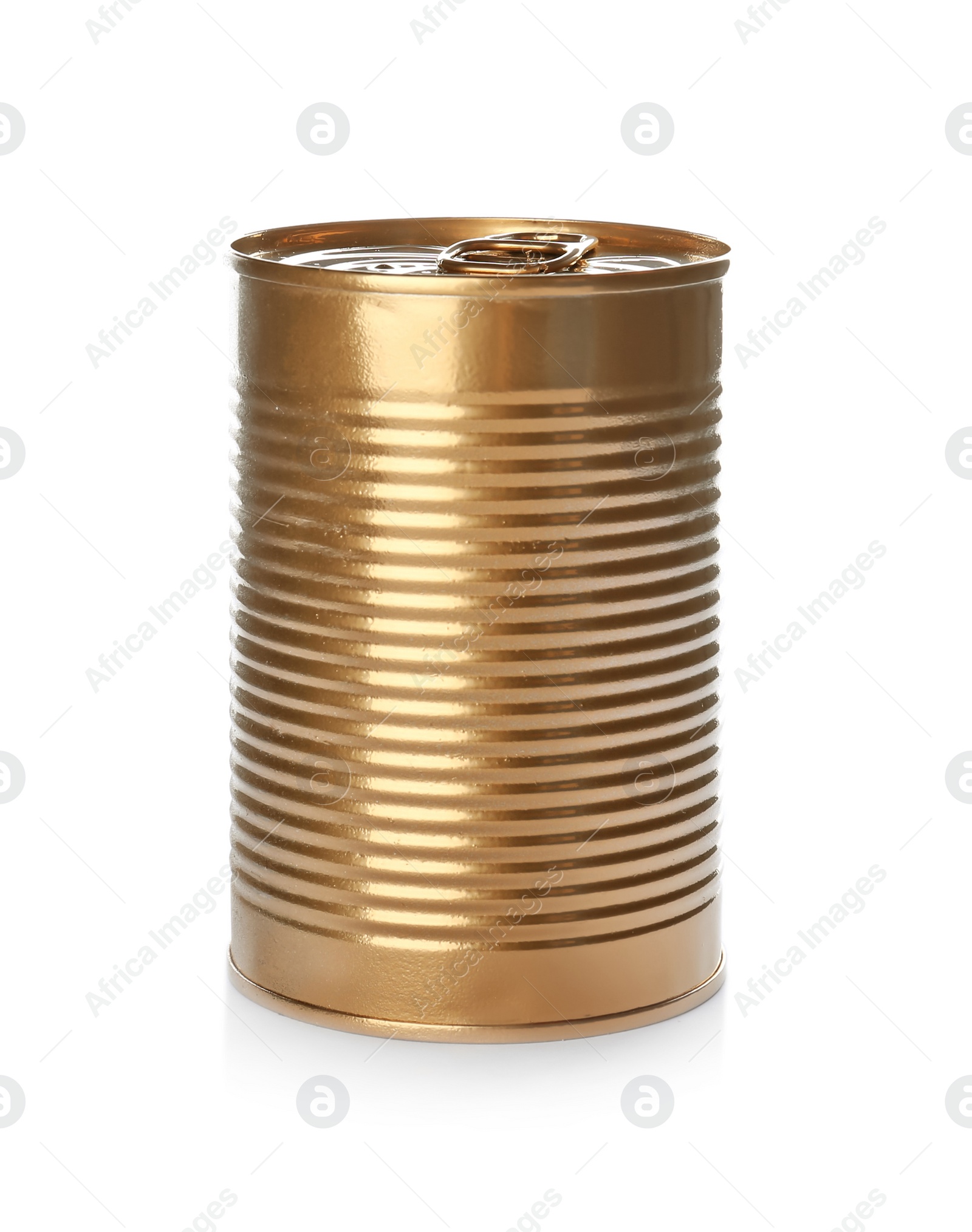 Photo of Mockup of tin can with food on white background