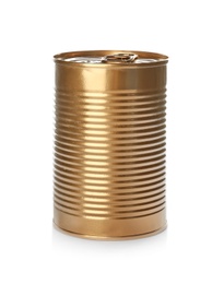 Mockup of tin can with food on white background