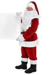 Photo of Happy authentic Santa Claus with blank banner on white background. Space for design