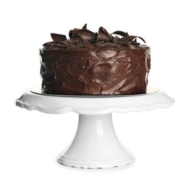 Stand with tasty homemade chocolate cake on white background